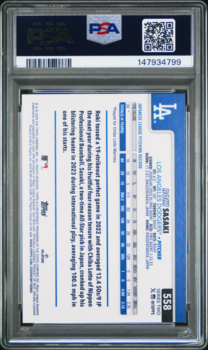 Graded 2025 Topps Roki Sasaki #558 Rainbow Foil Rookie RC Baseball Card PSA 9 Mint