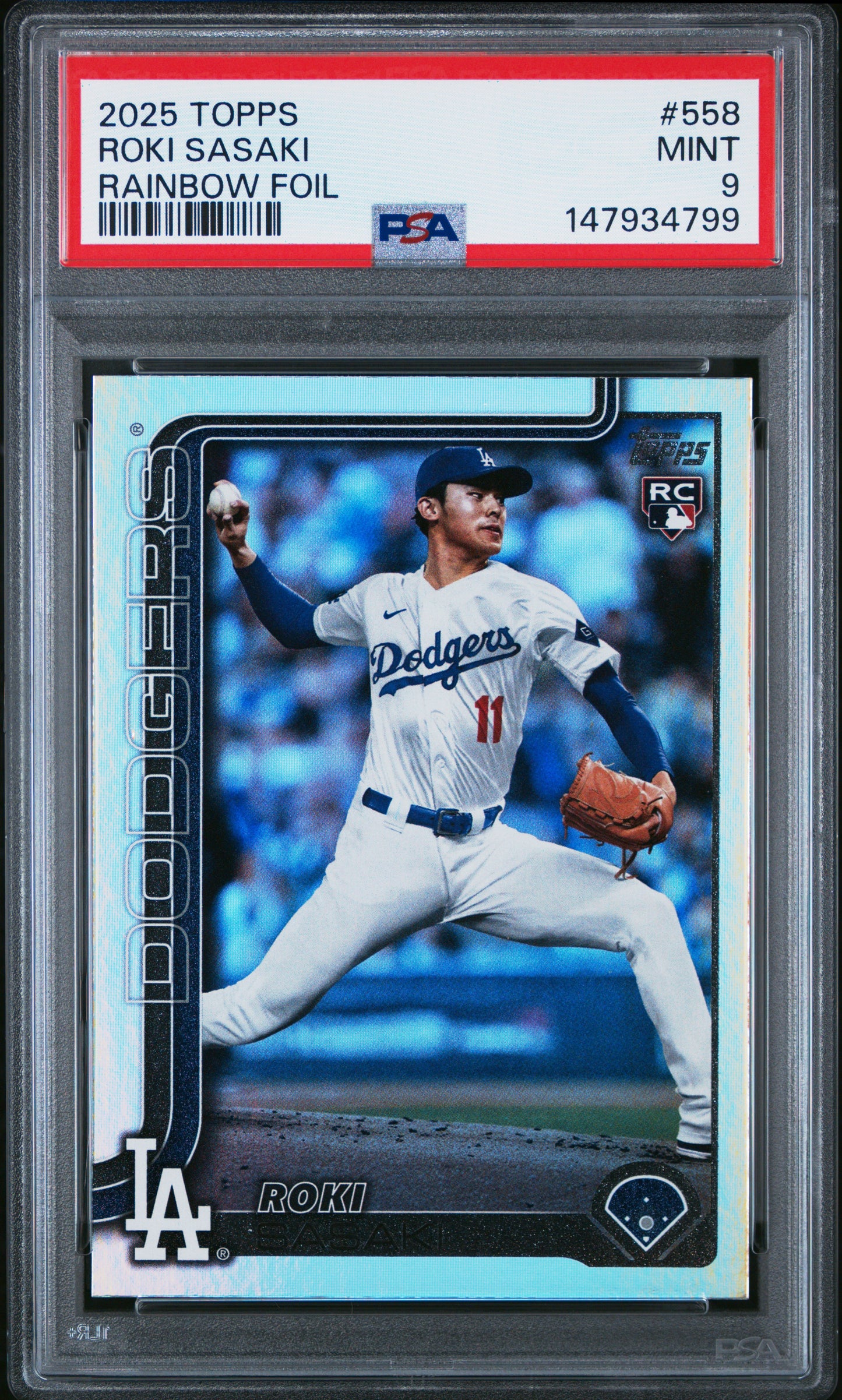 Graded 2025 Topps Roki Sasaki #558 Rainbow Foil Rookie RC Baseball Card PSA 9 Mint