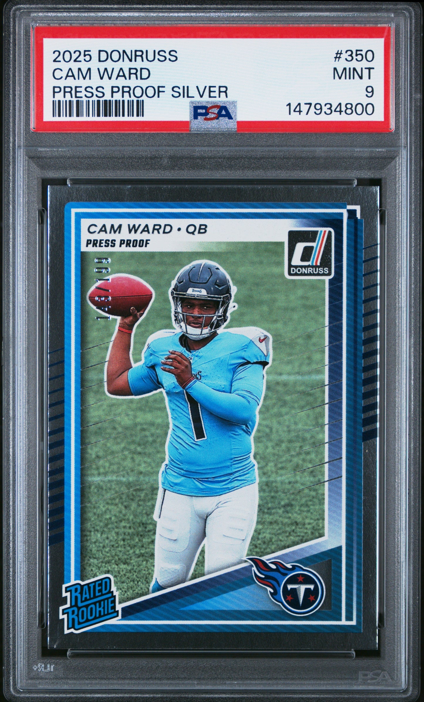Graded 2025 Panini Donruss Cam Ward #350 Press Proof Silver /199 Rookie RC Football Card PSA 9 Mint