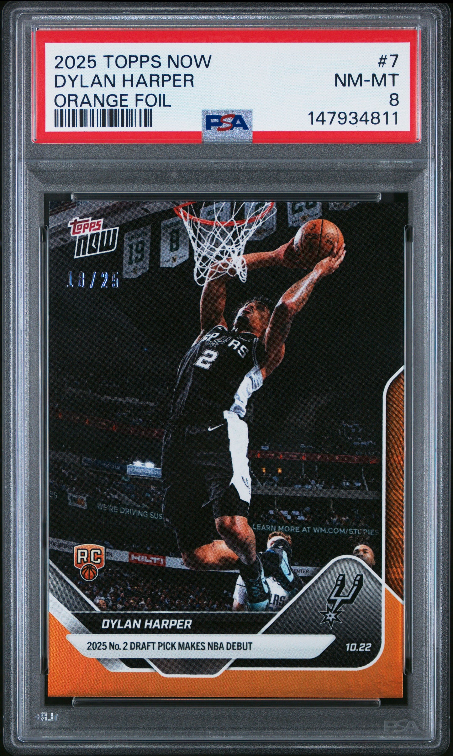 Graded 2025 Topps Now Dylan Harper #7 Orange Foil /25 Rookie RC Basketball Card PSA 8 Near Mint