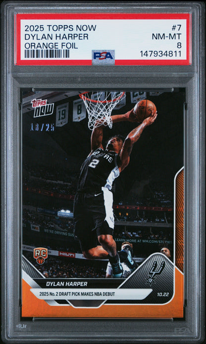 Graded 2025 Topps Now Dylan Harper #7 Orange Foil /25 Rookie RC Basketball Card PSA 8 Near Mint