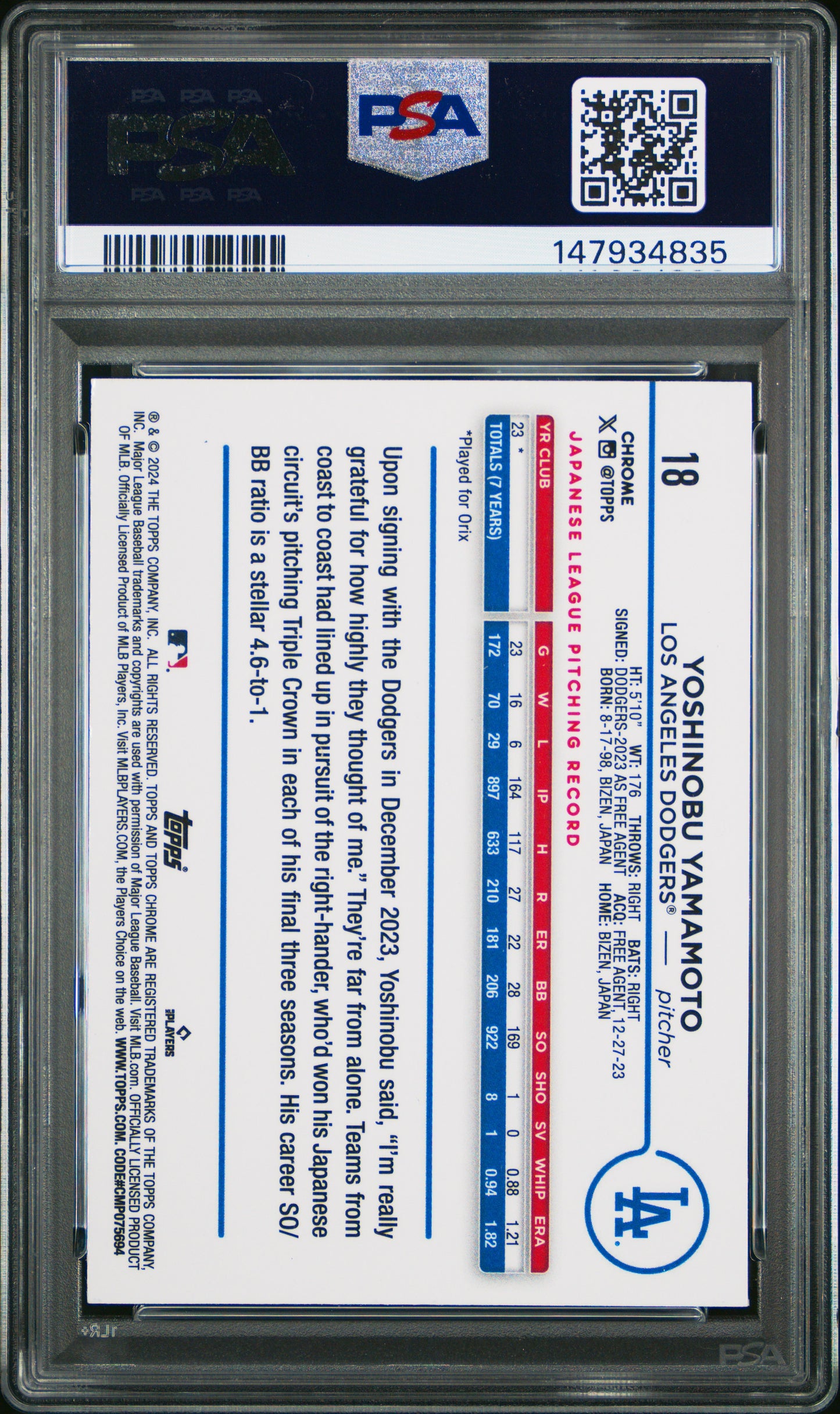 Graded 2024 Topps Chrome Yoshinobu Yamamoto #18 Sepia Refractor Rookie RC Baseball Card PSA 9 Mint