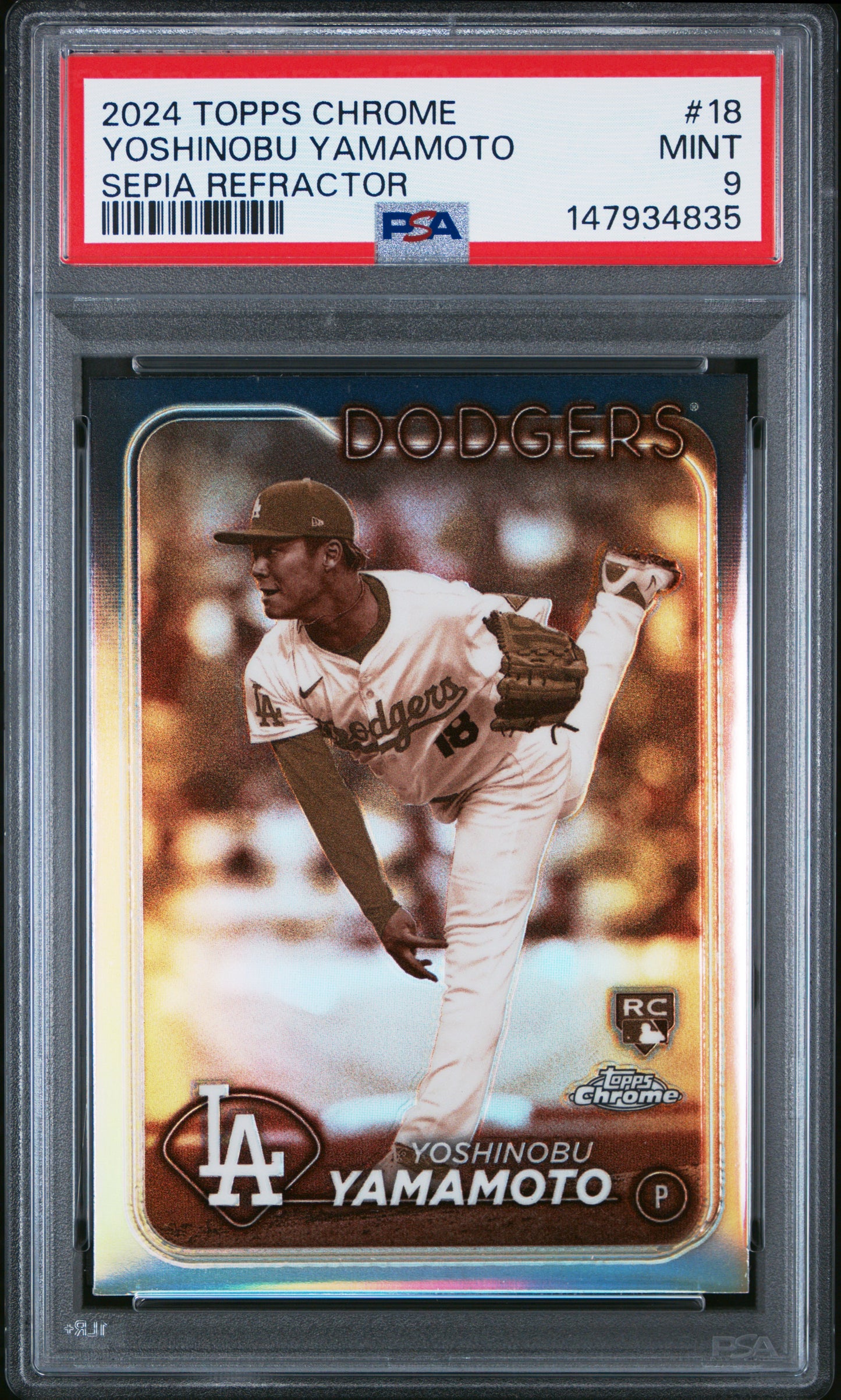 Graded 2024 Topps Chrome Yoshinobu Yamamoto #18 Sepia Refractor Rookie RC Baseball Card PSA 9 Mint