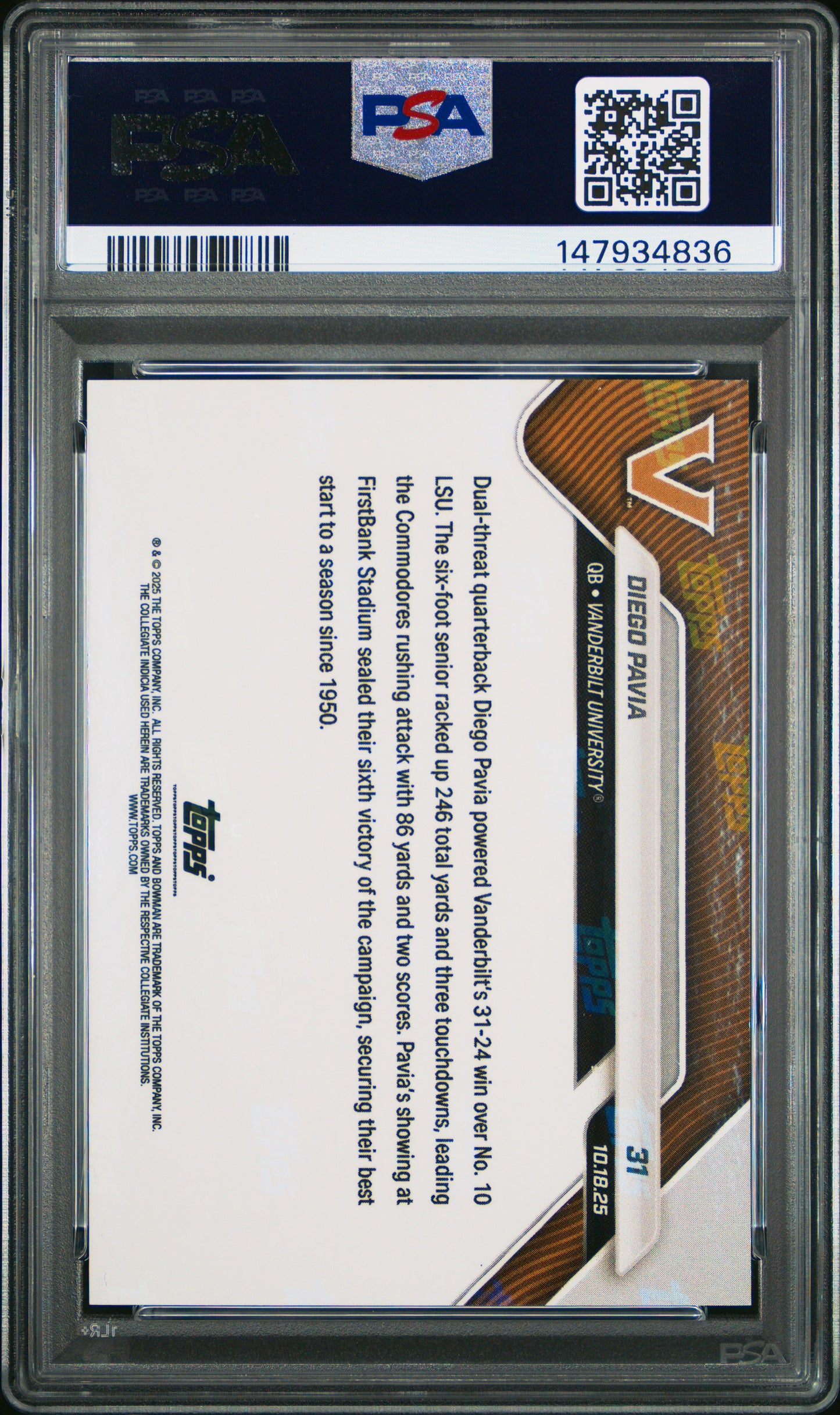 Graded 2025 Topps Bowman U Now Diego Pavia #31 Orange Foil /25 Rookie RC Football Card PSA 8 Near Mint