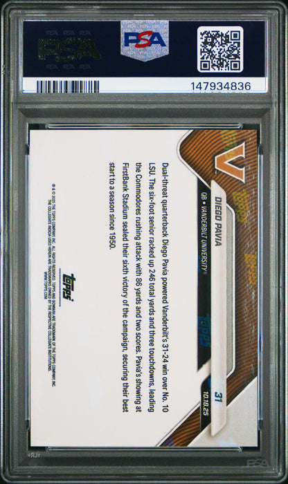 Graded 2025 Topps Bowman U Now Diego Pavia #31 Orange Foil /25 Rookie RC Football Card PSA 8 Near Mint