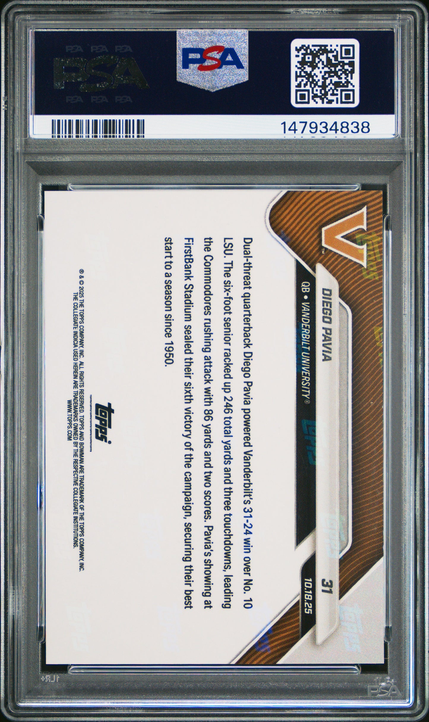 Graded 2025 Topps Bowman U Now Diego Pavia #31 FoilFractor 1/1 Rookie RC Football Card PSA 8 Near Mint