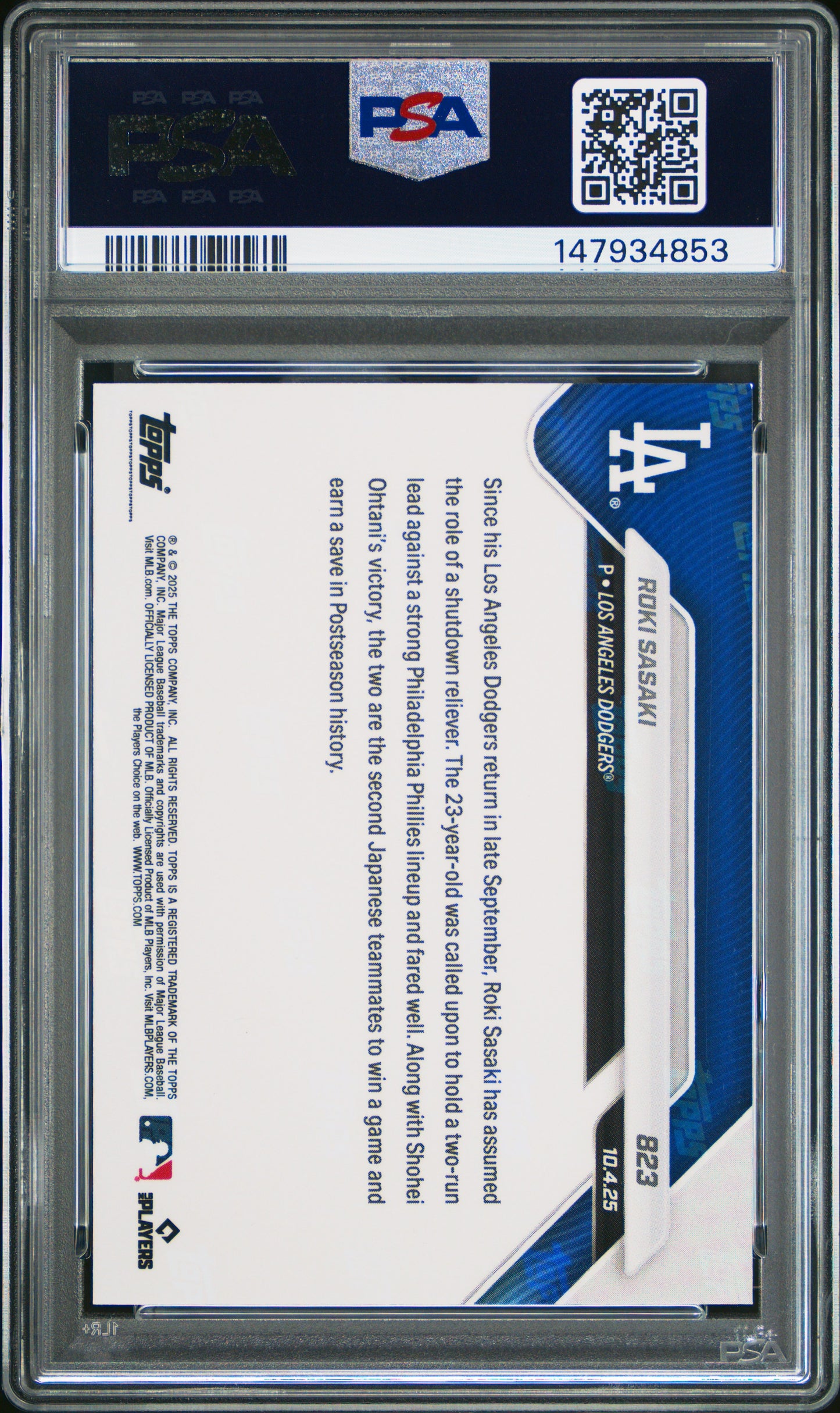 Graded 2025 Topps Now Roki Sasaki #823 Rookie RC Baseball Card PSA 8 Near Mint