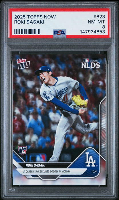 Graded 2025 Topps Now Roki Sasaki #823 Rookie RC Baseball Card PSA 8 Near Mint