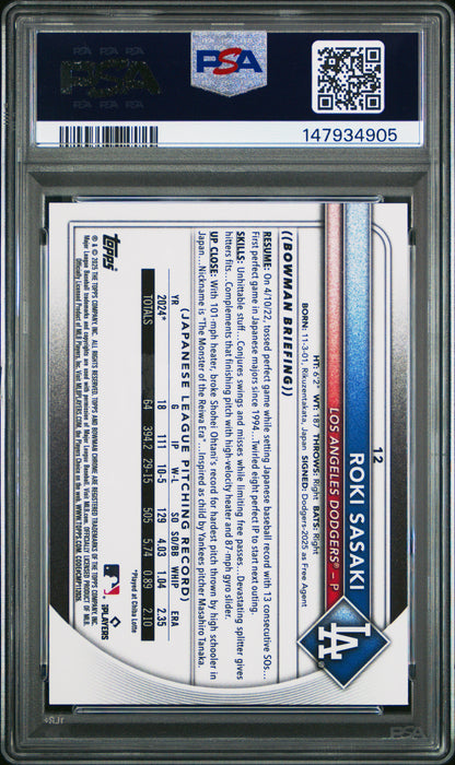 Graded 2025 Topps Bowman Chrome Roki Sasaki #12 Rookie RC Baseball Card PSA 9 Mint