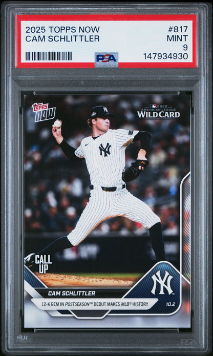 Graded 2025 Topps Now Cam Schlittler #817 Rookie RC Baseball Card PSA 9 Mint