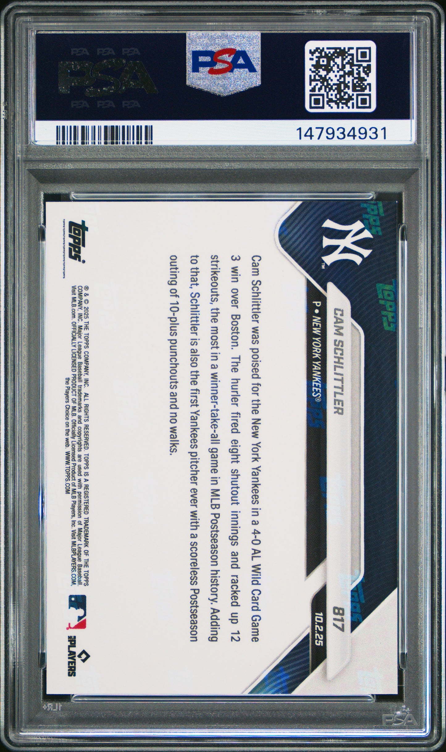 Graded 2025 Topps Now Cam Schlittler #817 Rookie RC Baseball Card PSA 8 Near Mint