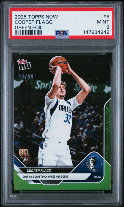 Graded 2025 Topps Now Cooper Flagg #6 Green Foil /99 Rookie RC Basketball Card PSA 9 Mint