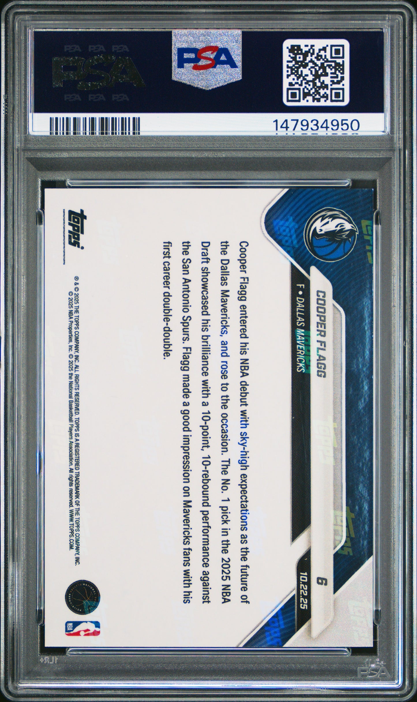 Graded 2025 Topps Now Cooper Flagg #6 Gold Foil /50 Rookie RC Basketball Card PSA 9 Mint