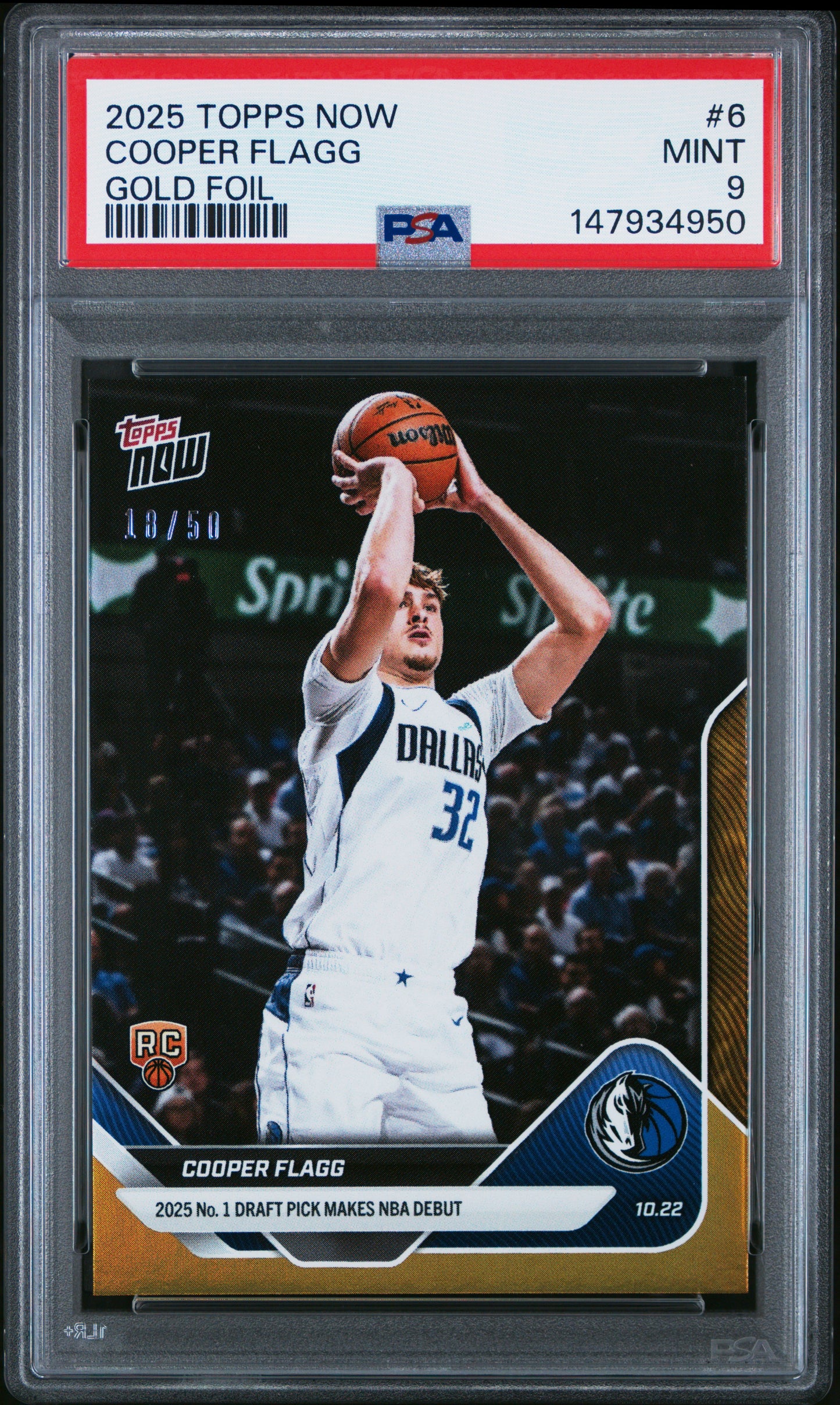 Graded 2025 Topps Now Cooper Flagg #6 Gold Foil /50 Rookie RC Basketball Card PSA 9 Mint