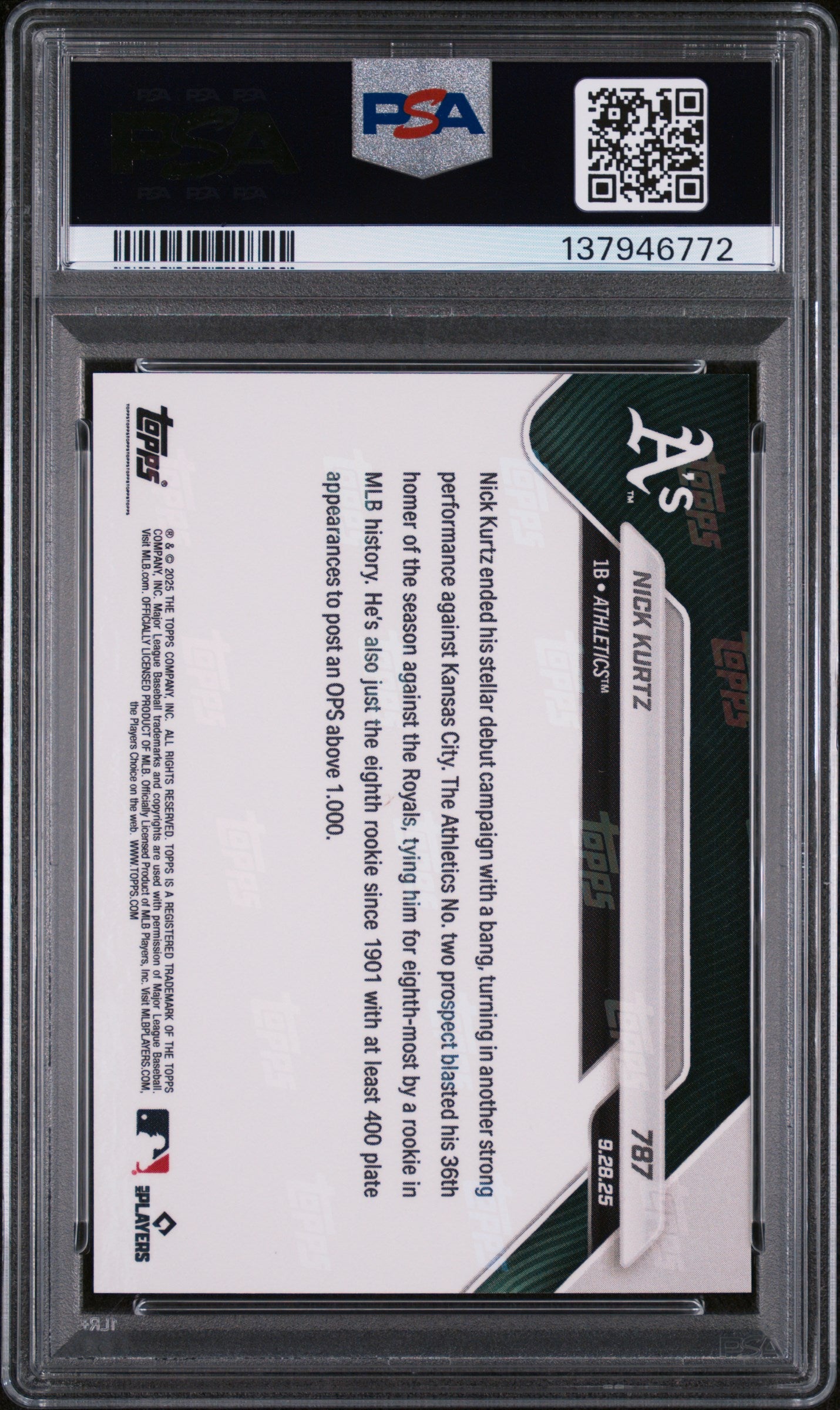 Graded 2025 Topps Now Nick Kurtz #787 Rookie RC Baseball Card PSA 9 Mint