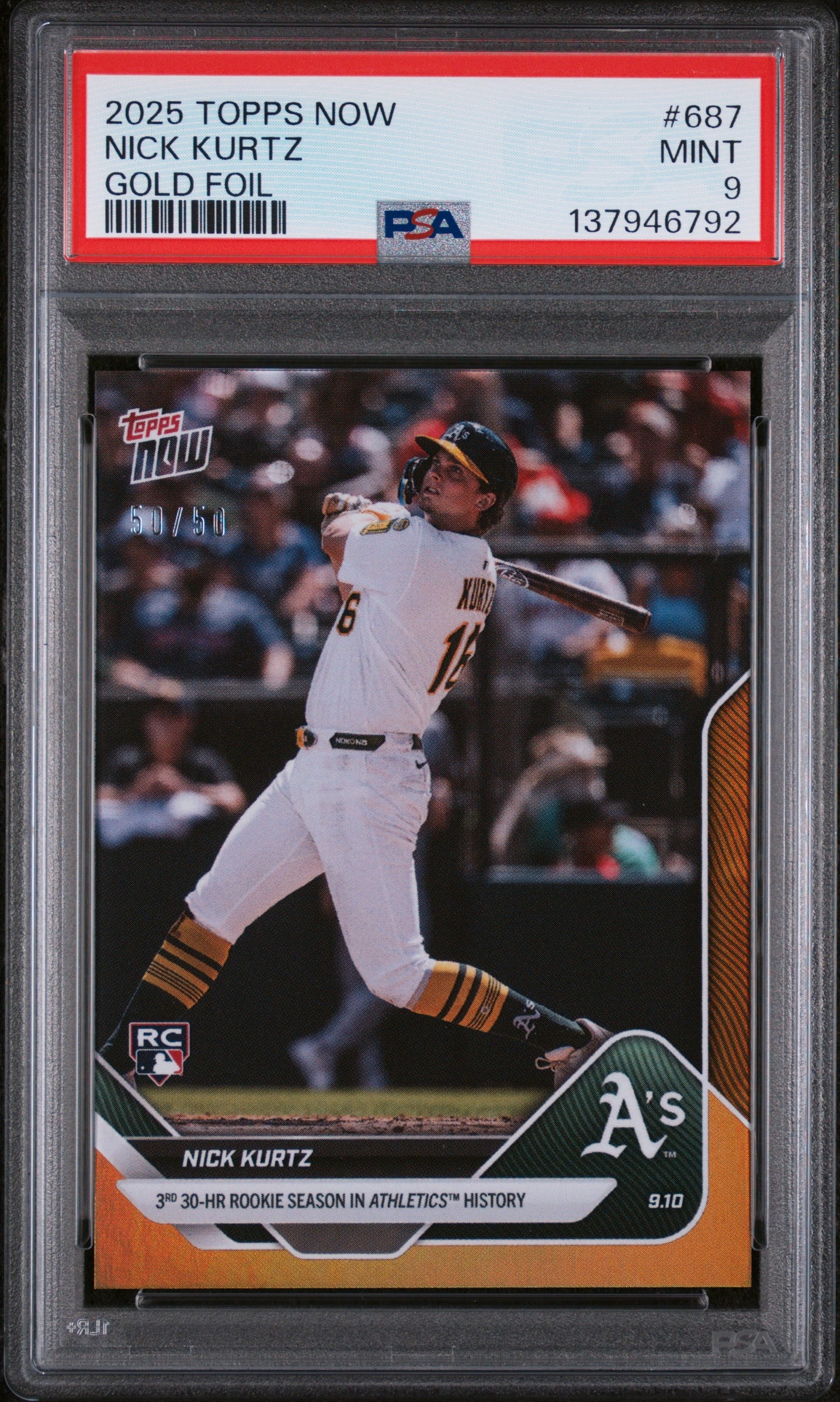 Graded 2025 Topps Now Nick Kurtz #687 Gold Foil /50 Rookie RC Baseball Card PSA 9 Mint