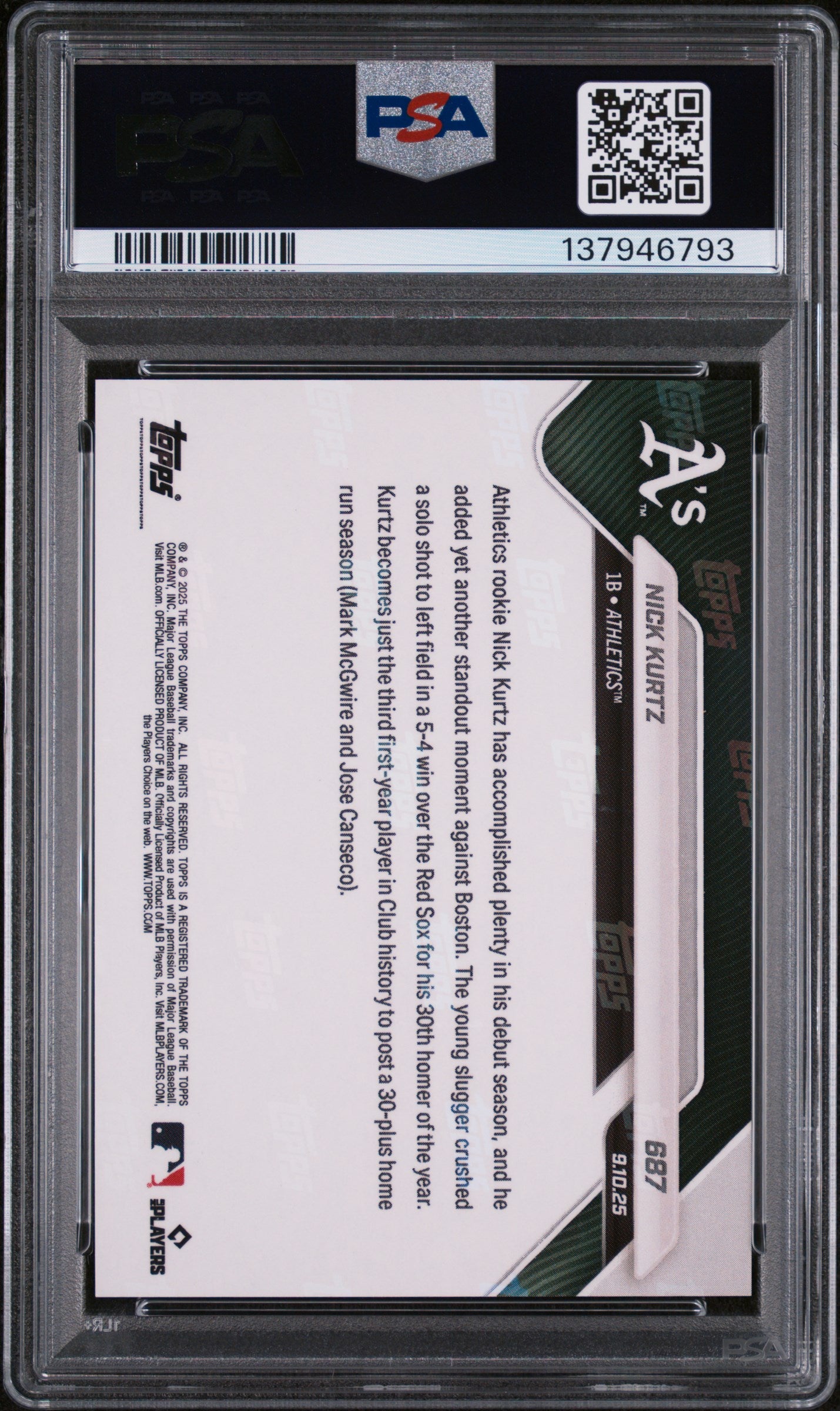 Graded 2025 Topps Now Nick Kurtz #687 Orange Foil /25 Rookie RC Baseball Card PSA 9 Mint