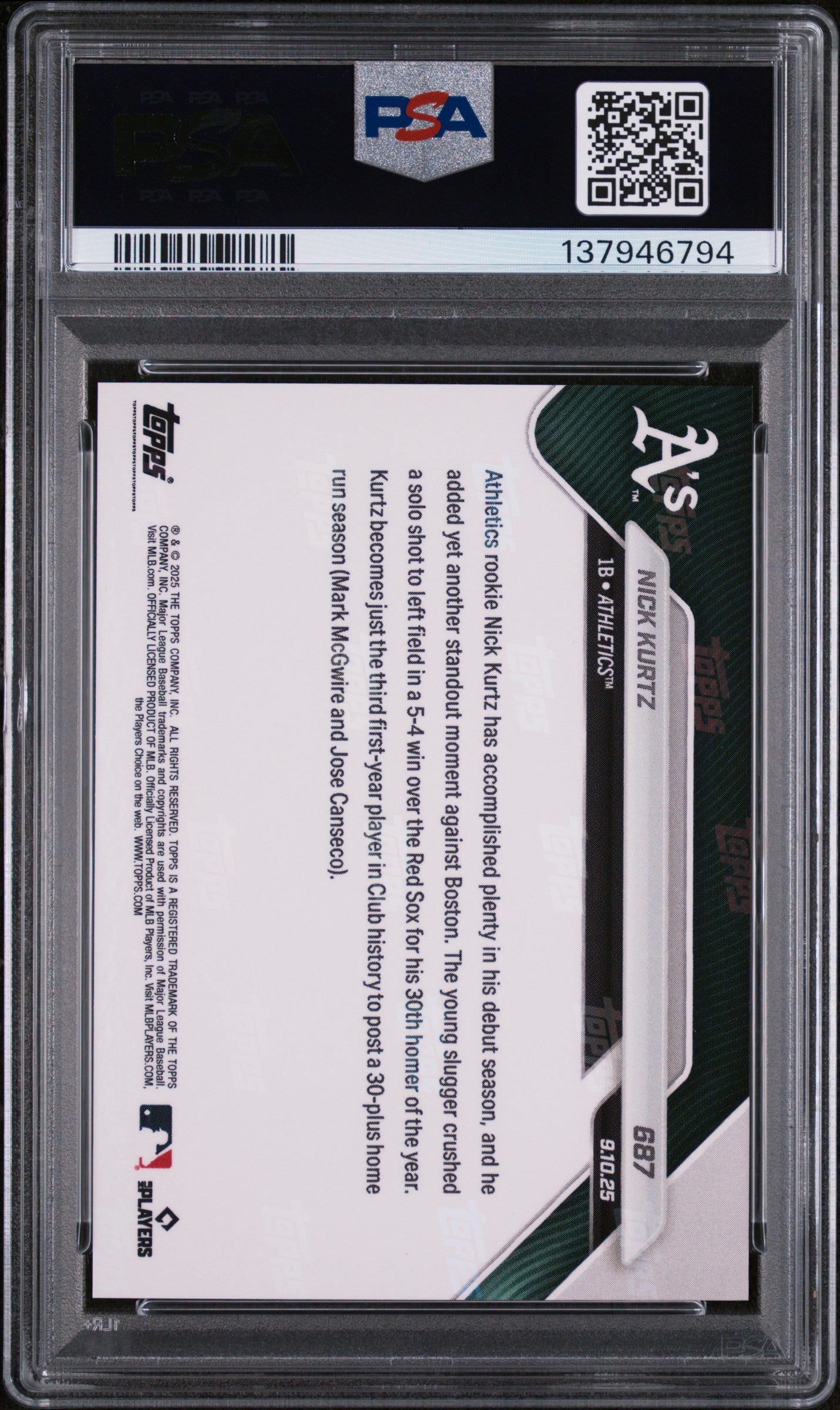 Graded 2025 Topps Now Nick Kurtz #687 Rookie RC Baseball Card PSA 9 Mint