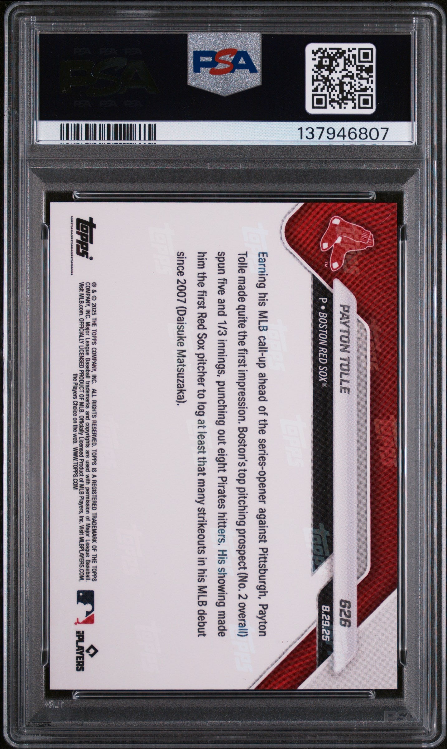 Graded 2025 Topps Now Payton Tolle #626 Rookie RC Baseball Card PSA 10 Gem Mint