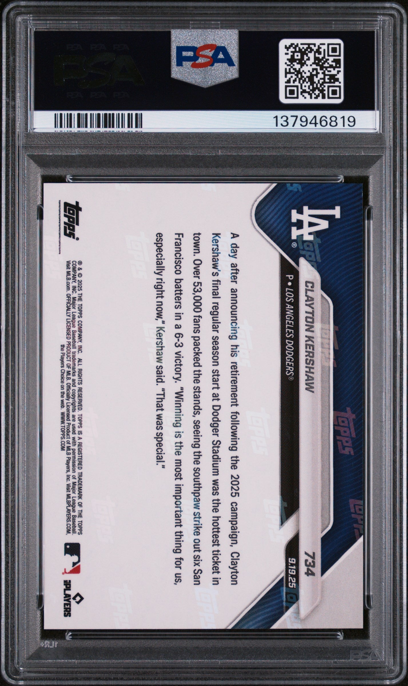 Graded 2025 Topps Now Clayton Kershaw #734 Gold Foil /50 Baseball Card PSA 8 Near Mint