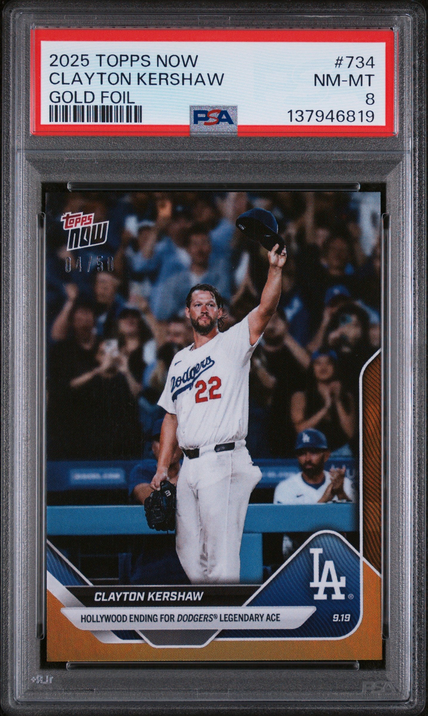 Graded 2025 Topps Now Clayton Kershaw #734 Gold Foil /50 Baseball Card PSA 8 Near Mint
