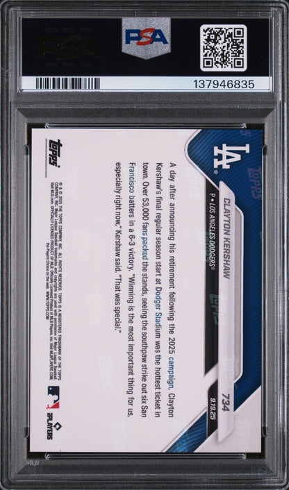 Graded 2025 Topps Now Clayton Kershaw #734 Baseball Card PSA 8 Near Mint