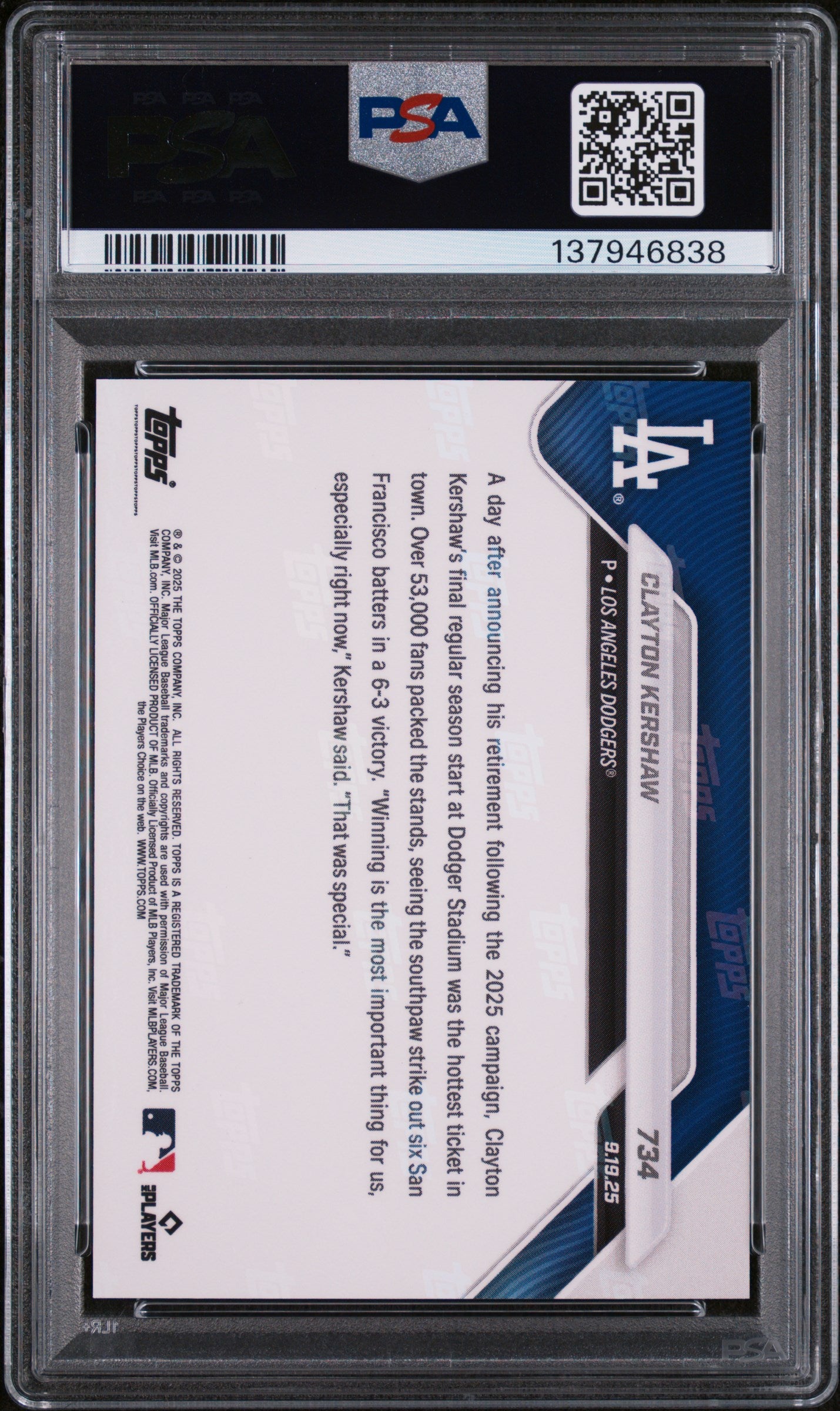 Graded 2025 Topps Now Clayton Kershaw #734 Baseball Card PSA 9 Mint