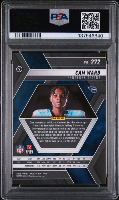 Graded 2025 Panini Mosaic Cam Ward #272 Rookie RC Football Card PSA 9 Mint