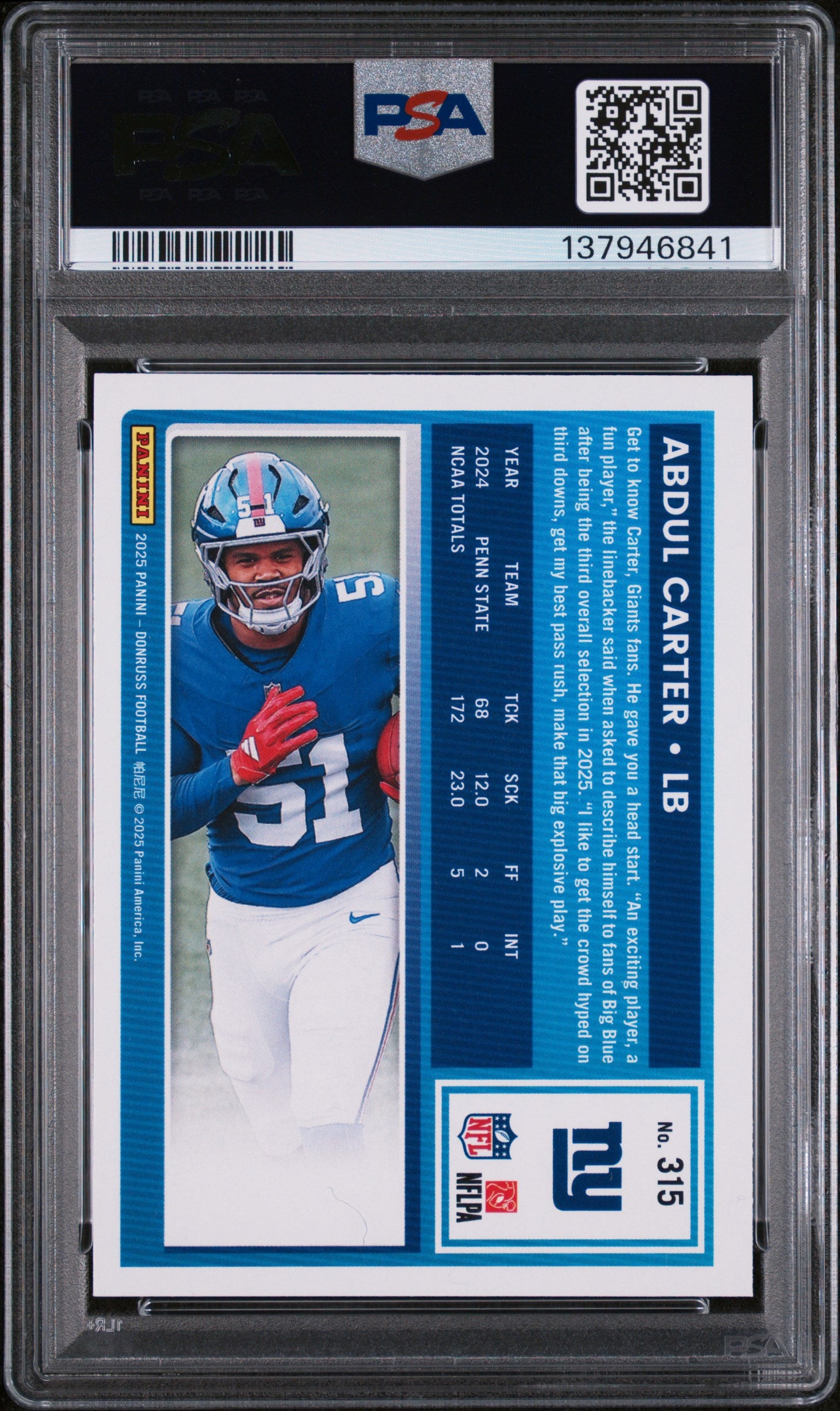 Graded 2025 Panini Donruss Abdul Carter #315 Rookie RC Football Card PSA 9 Mint
