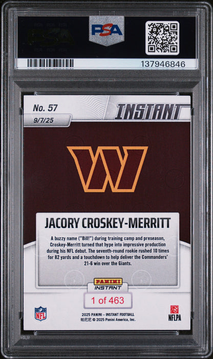 Graded 2025 Panini Instant Jacory Croskey-Merritt #57 Rookie RC Football Card PSA 9 Mint