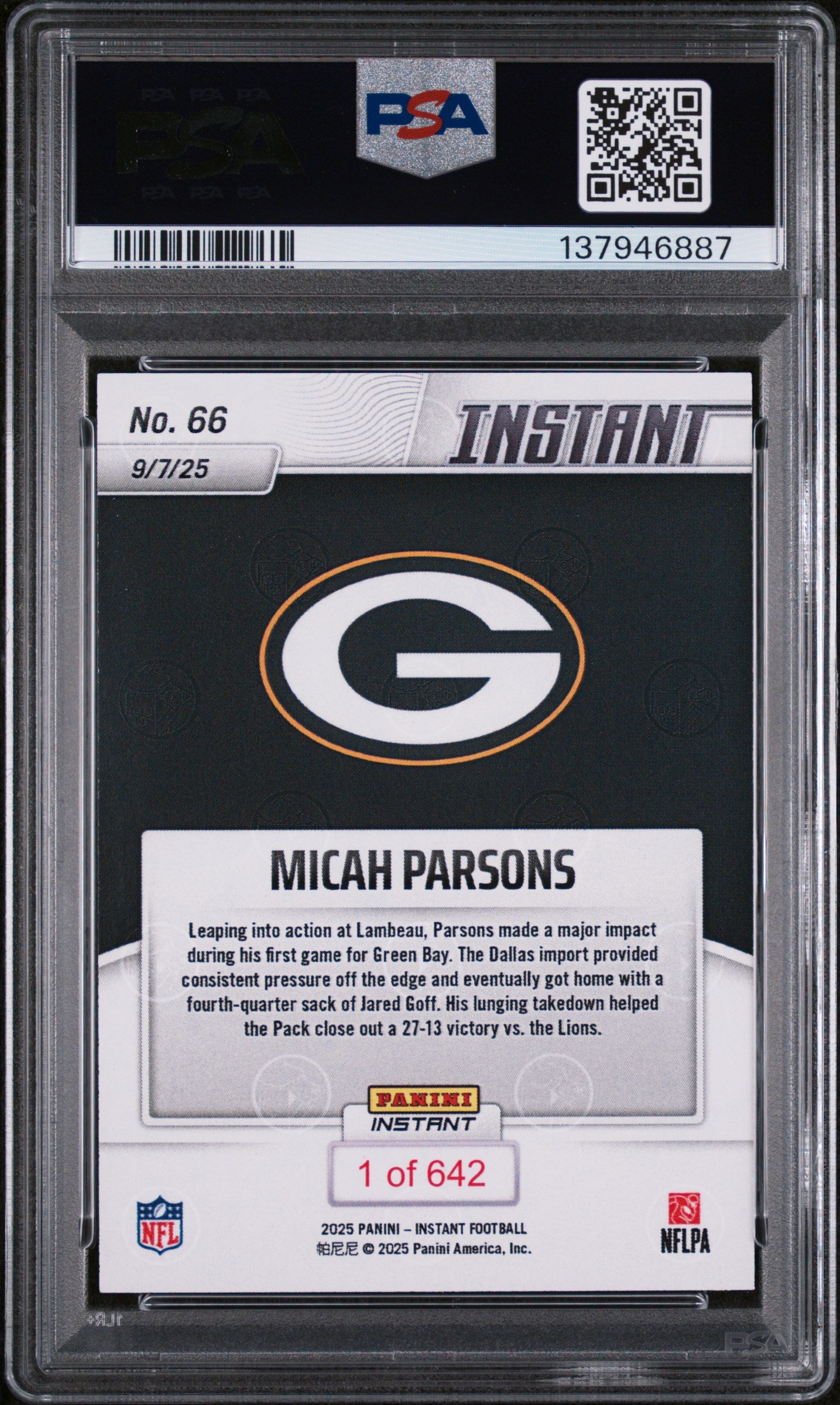 Graded 2025 Panini Instant Micah Parsons #66 Football Card PSA 10 Gem Mint