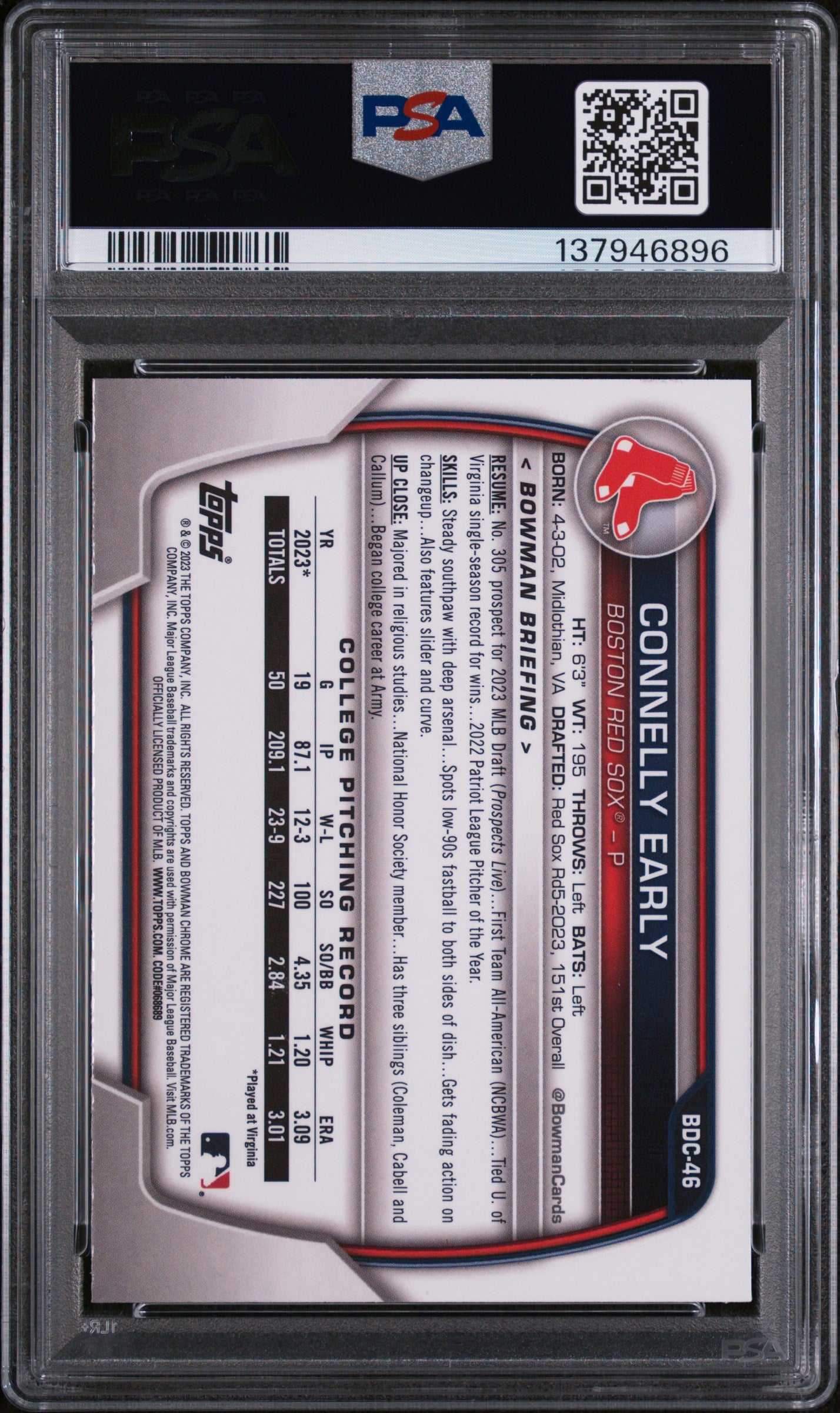 Graded 2023 Topps Bowman Draft Connelly Early #BDC46 Chrome Refractor Rookie RC Baseball Card PSA 9 Mint