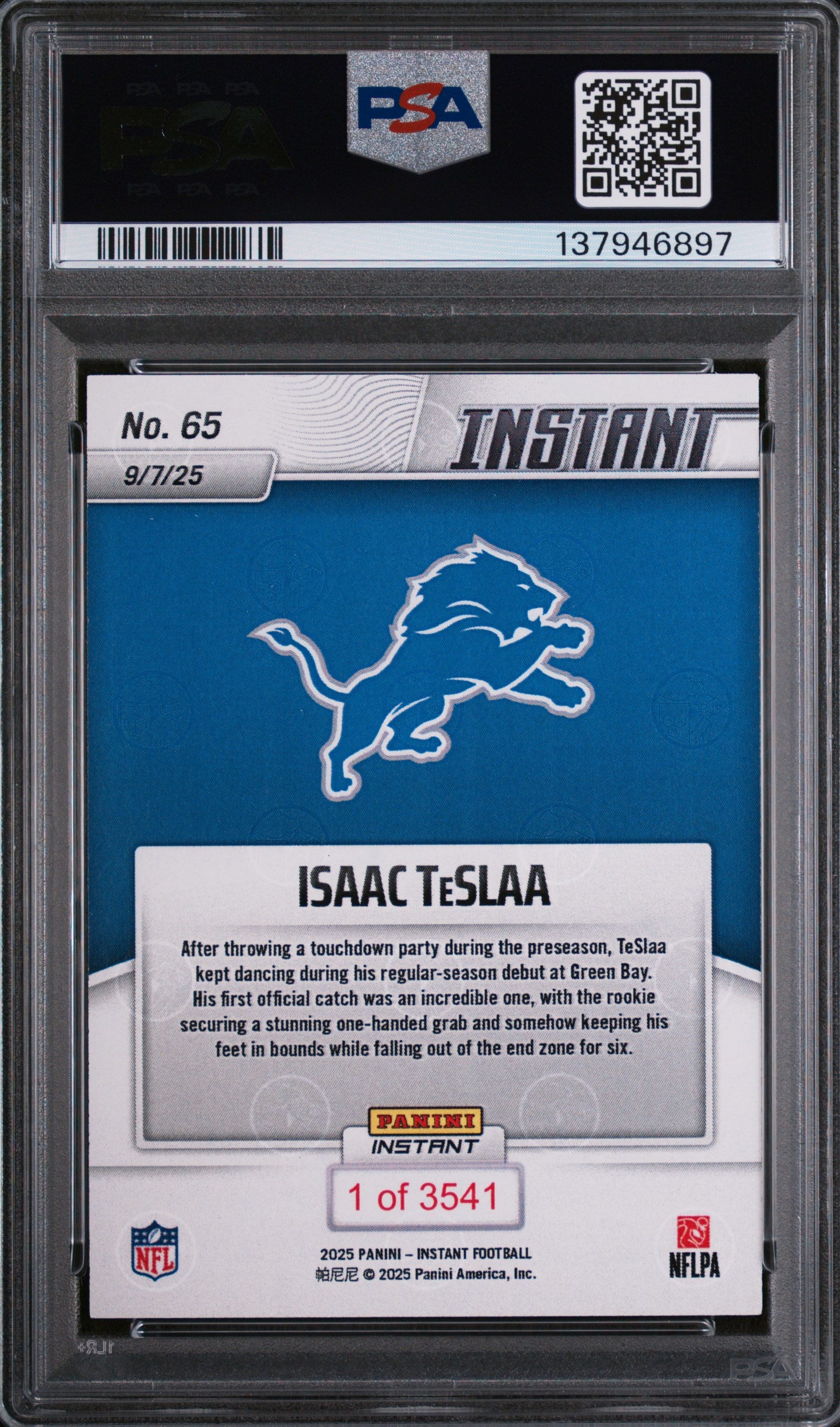 Graded 2025 Panini Instant Isaac Teslaa #65 Rookie RC Football Card PSA 10 Gem Mint