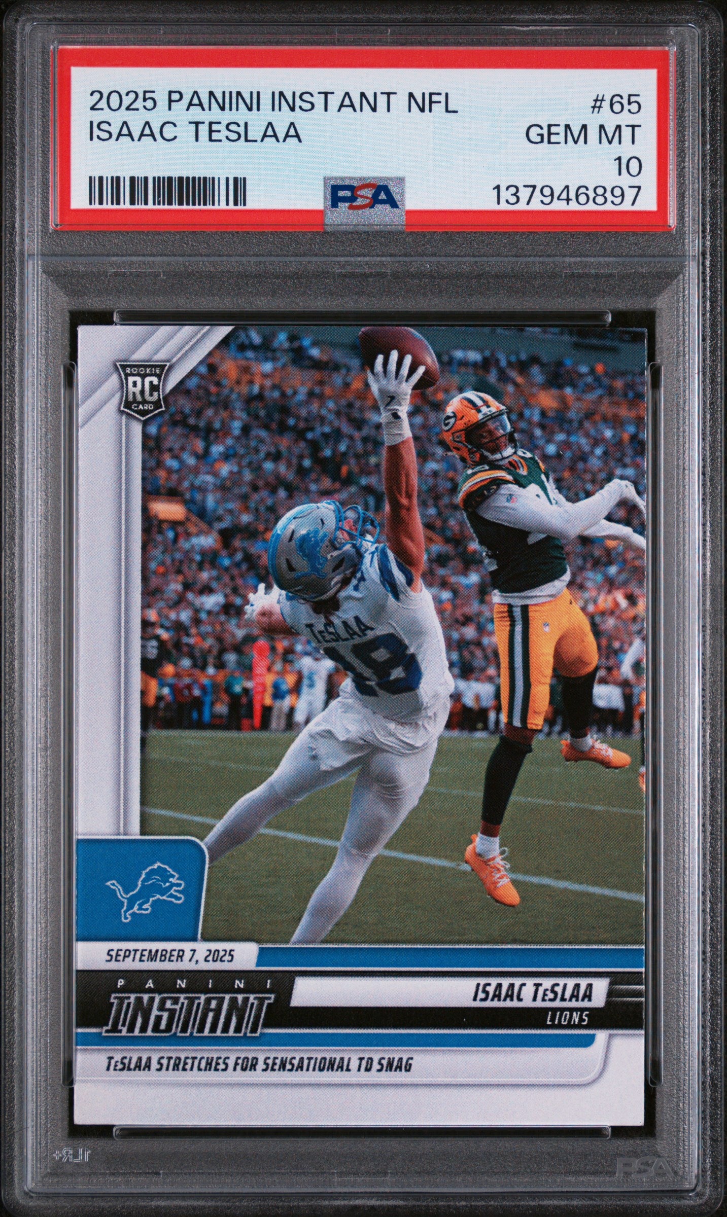 Graded 2025 Panini Instant Isaac Teslaa #65 Rookie RC Football Card PSA 10 Gem Mint