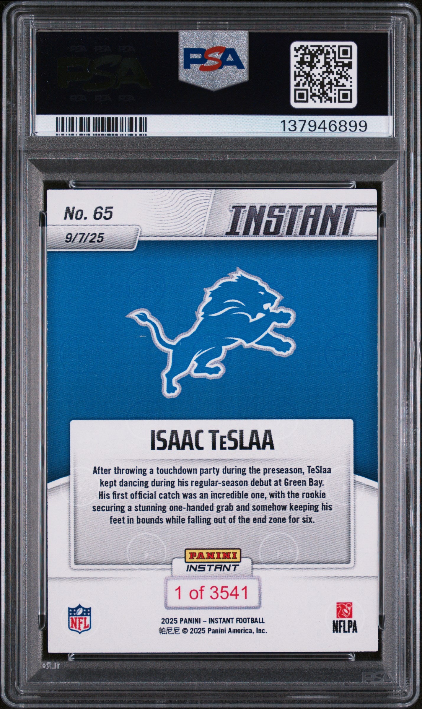 Graded 2025 Panini Instant NFL Isaac Teslaa #65 Rookie RC Football Card PSA 9 Mint