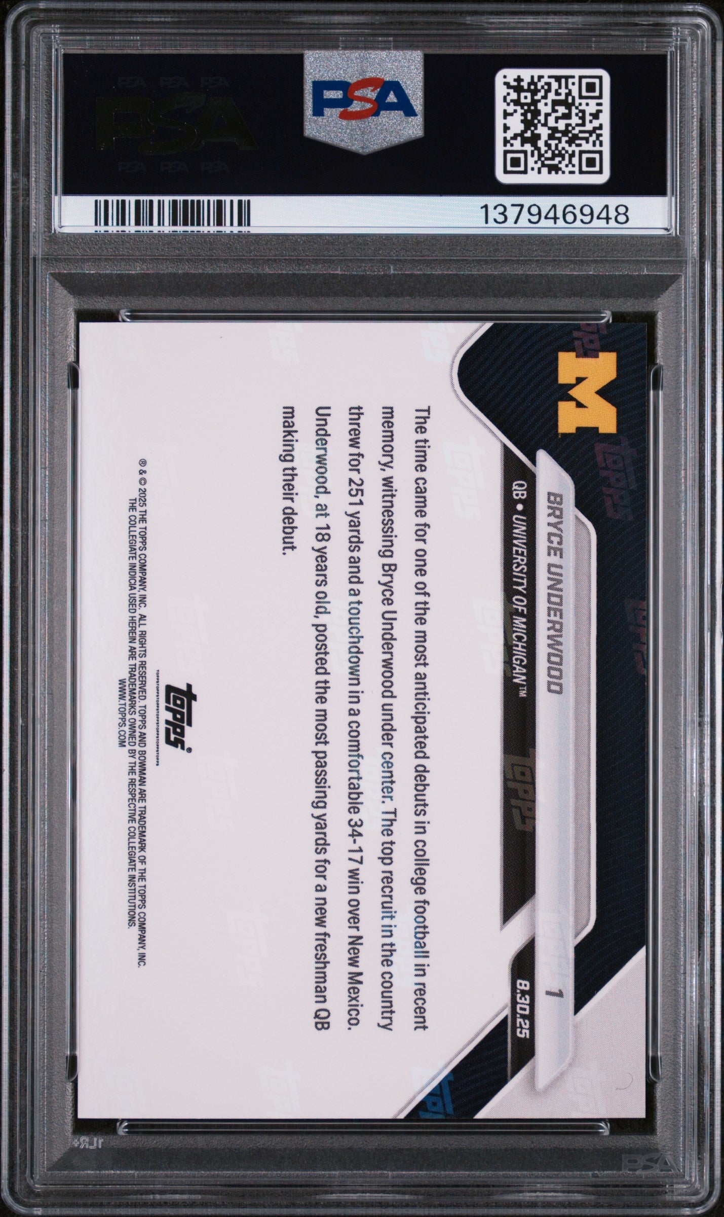 Graded 2025 Topps Bowman U Now Bryce Underwood #1 Rookie RC Football Card PSA 9 Mint