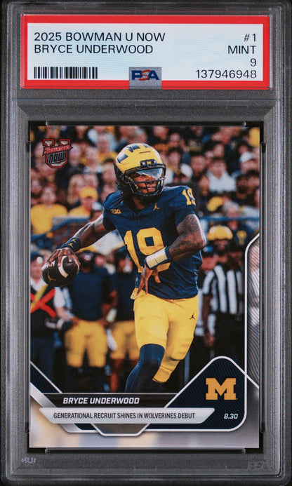 Graded 2025 Topps Bowman U Now Bryce Underwood #1 Rookie RC Football Card PSA 9 Mint