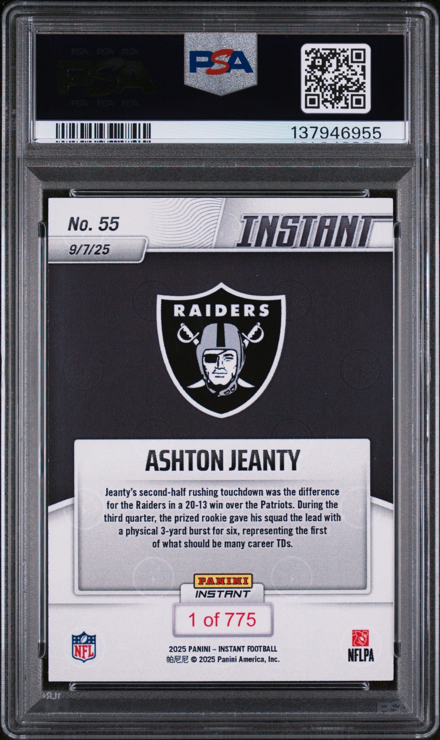 Graded 2025 Panini Instant Ashton Jeanty #55 Rookie RC Football Card PSA 10 Gem Mint