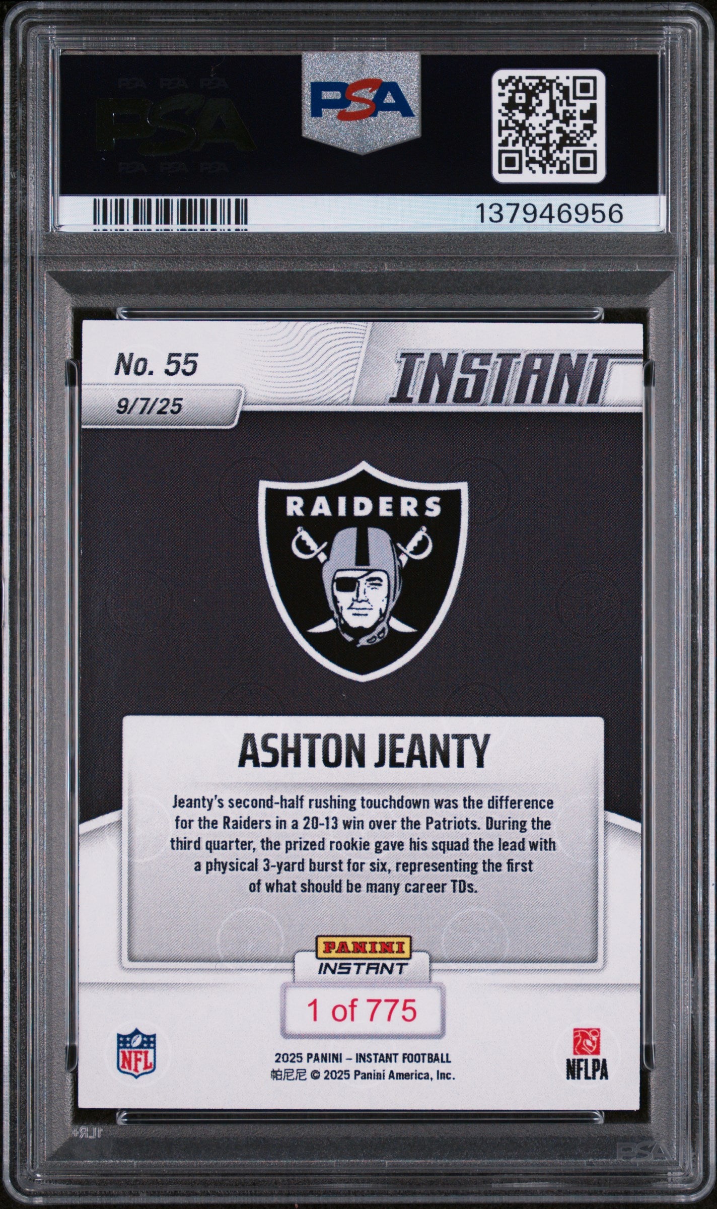 Graded 2025 Panini Instant Ashton Jeanty #55 Rookie RC Football Card PSA 9 Mint
