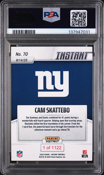 Graded 2025 Panini Instant Cam Skattebo #70 Rookie RC Football Card PSA 9 Mint