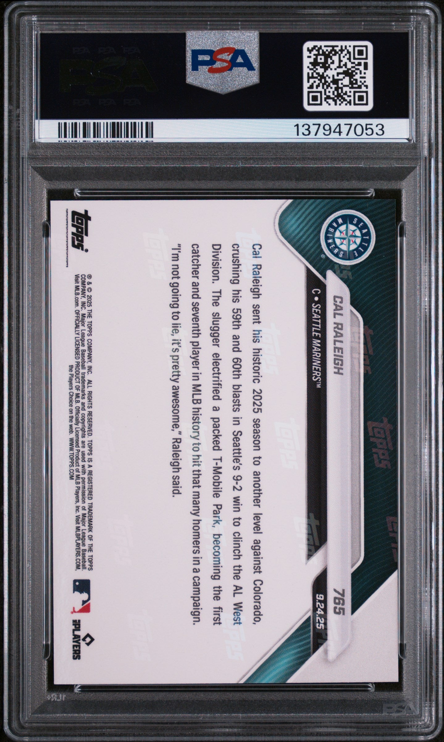 Graded 2025 Topps Now Cal Raleigh #765 Baseball Card PSA 9 Mint