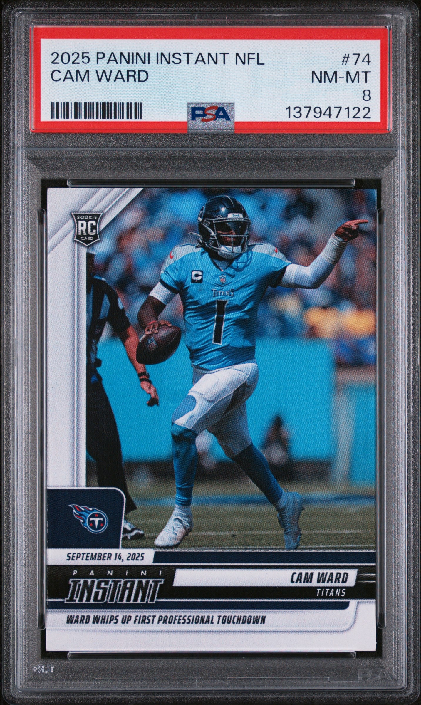 Graded 2025 Panini Instant NFL Cam Ward #74 Rookie RC Football Card PSA 8 Near Mint