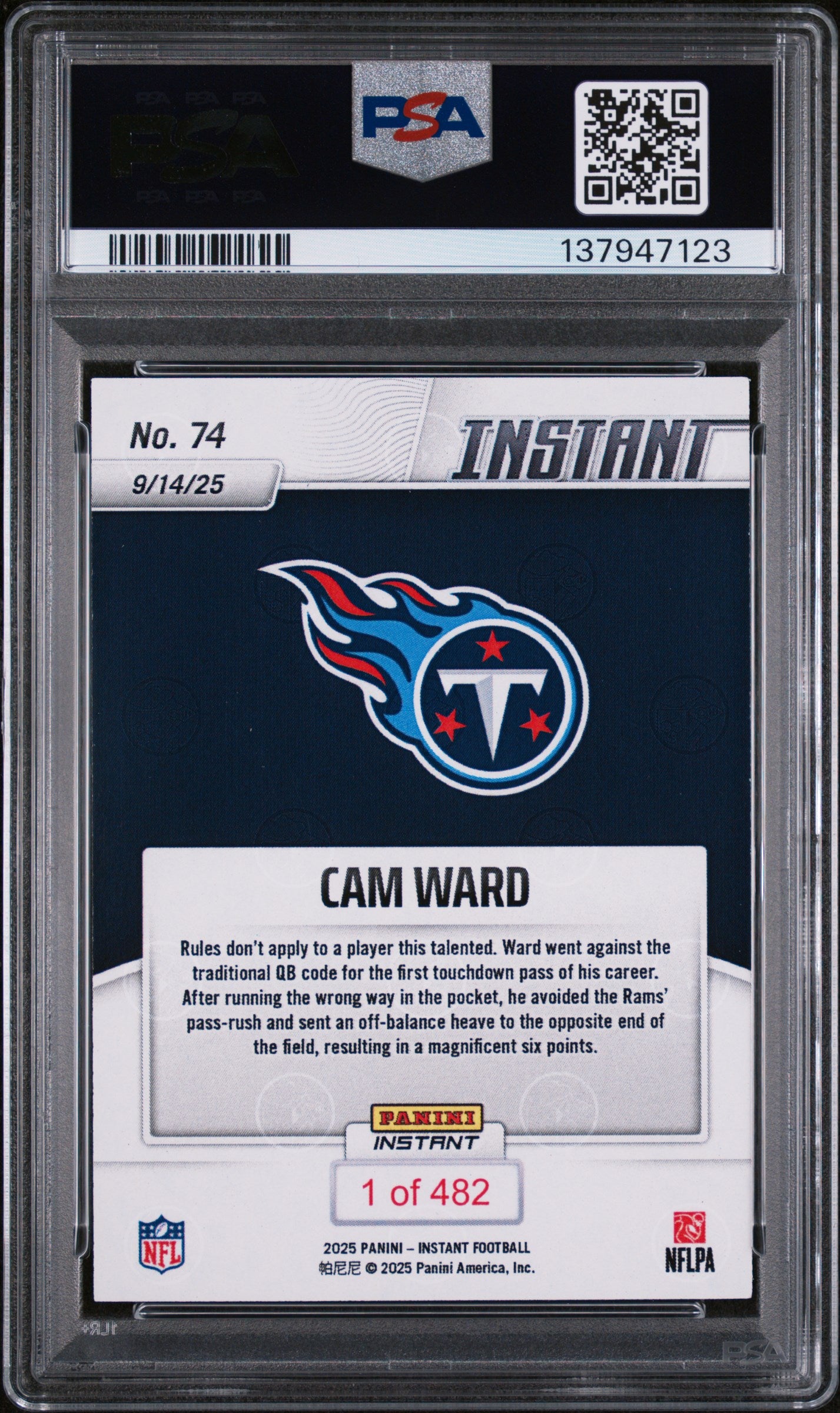 Graded 2025 Panini Instant NFL Cam Ward #74 Rookie RC Football Card PSA 9 Mint
