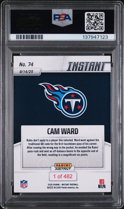 Graded 2025 Panini Instant NFL Cam Ward #74 Rookie RC Football Card PSA 9 Mint