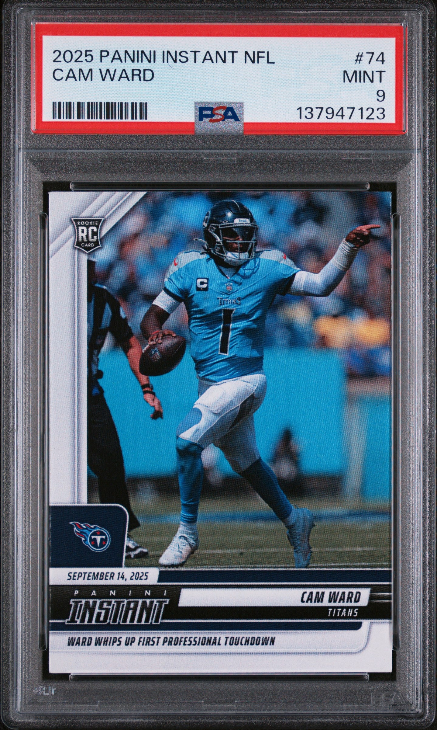 Graded 2025 Panini Instant NFL Cam Ward #74 Rookie RC Football Card PSA 9 Mint