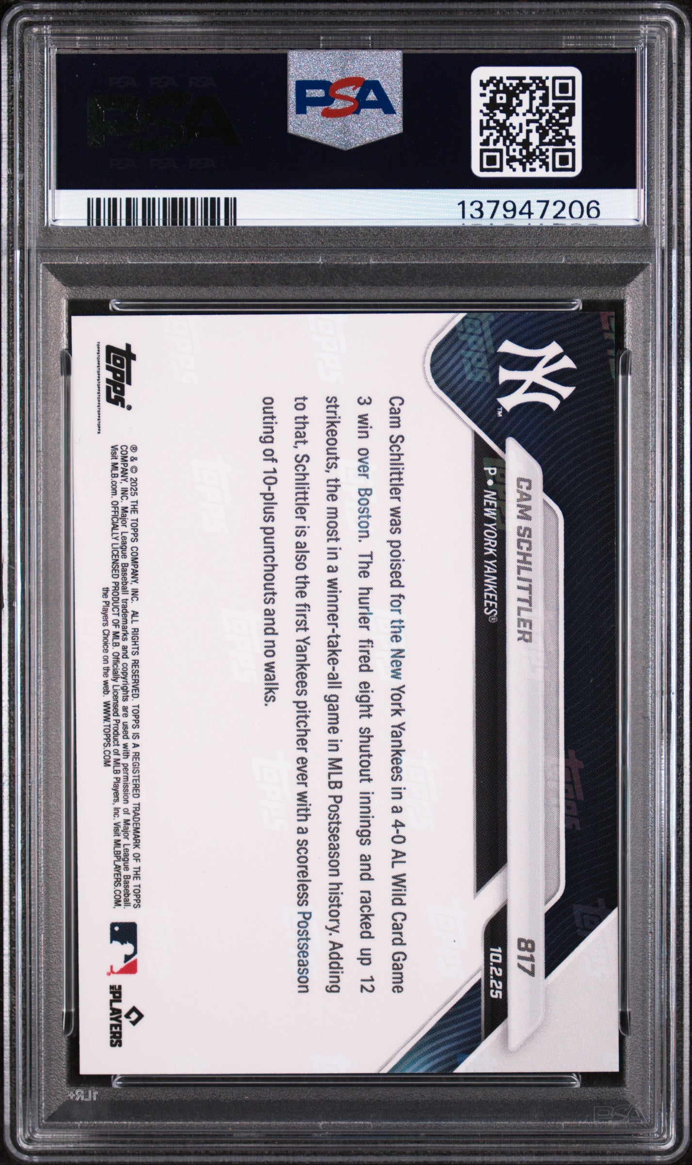 Graded 2025 Topps Now Cam Schlittler #817 Rookie RC Baseball Card PSA 4 Very Good