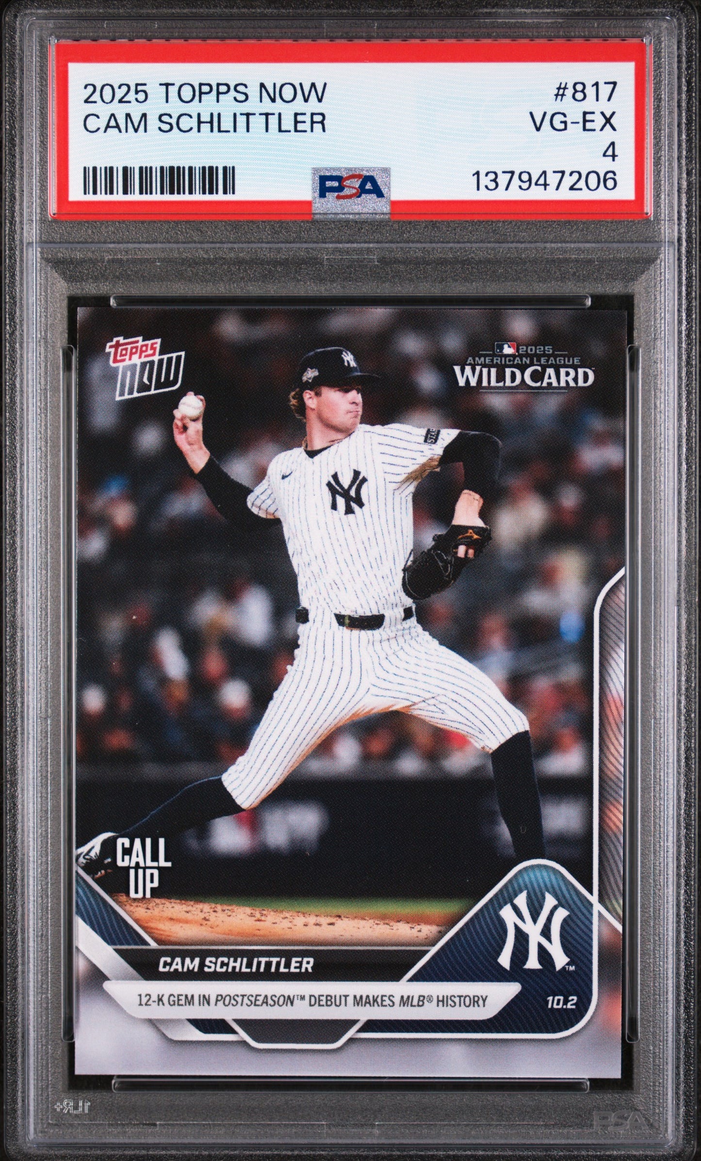 Graded 2025 Topps Now Cam Schlittler #817 Rookie RC Baseball Card PSA 4 Very Good
