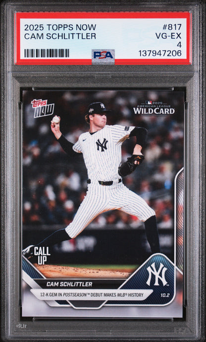 Graded 2025 Topps Now Cam Schlittler #817 Rookie RC Baseball Card PSA 4 Very Good
