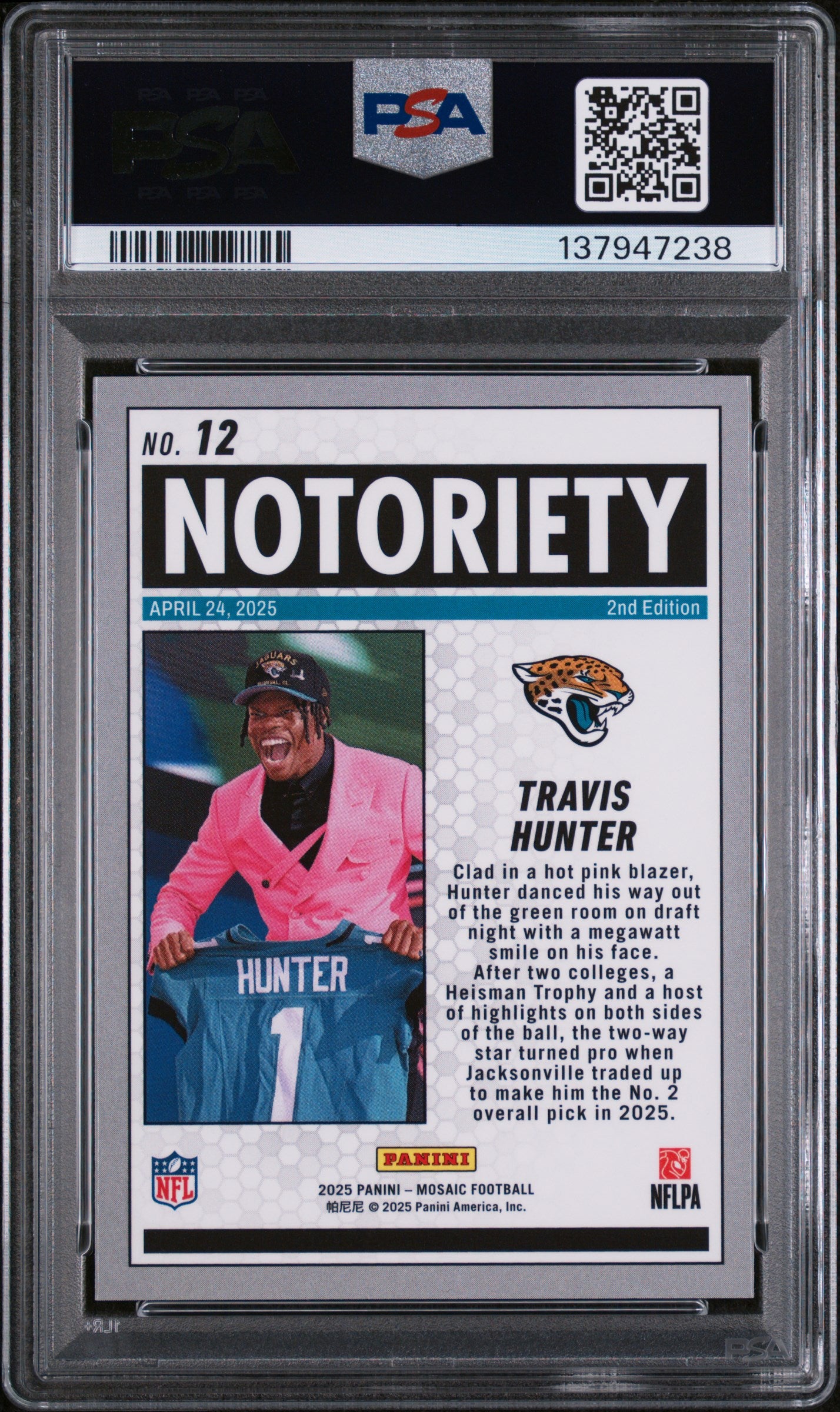 Graded 2025 Panini Mosaic Travis Hunter #12 Notoriety Rookie RC Football Card PSA 9 Mint