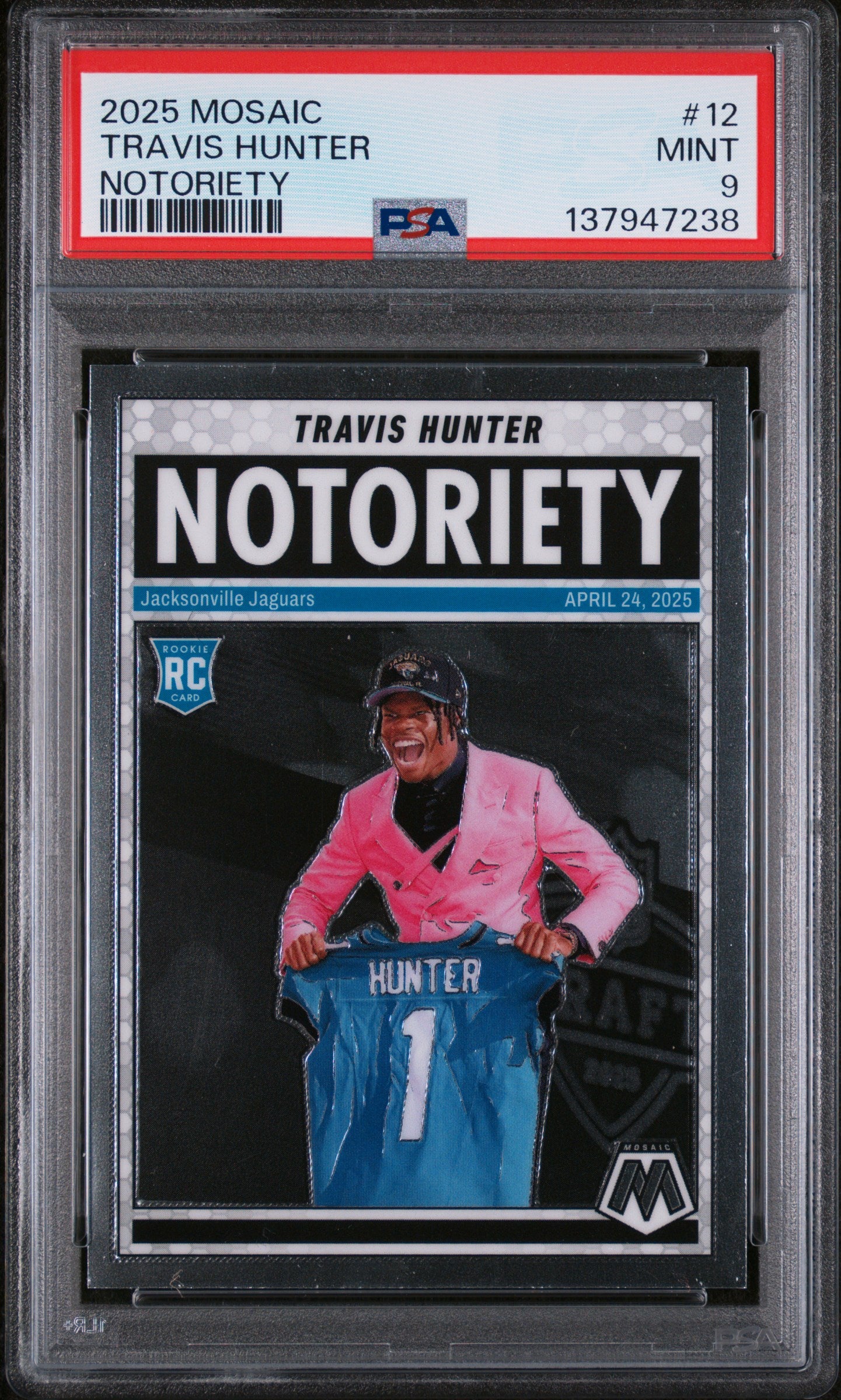 Graded 2025 Panini Mosaic Travis Hunter #12 Notoriety Rookie RC Football Card PSA 9 Mint